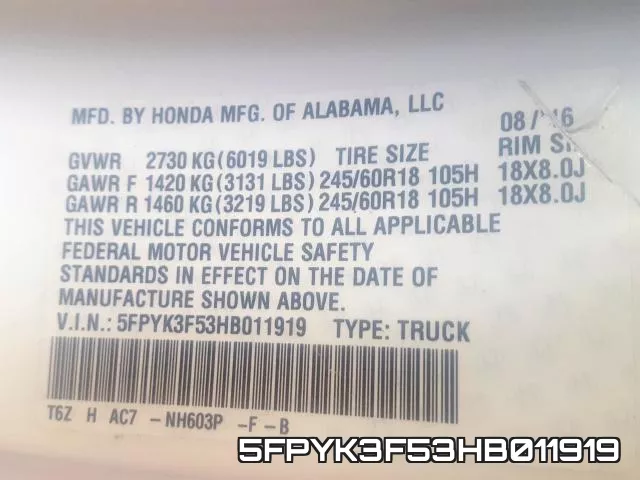 5FPYK3F53HB011919 фото 2