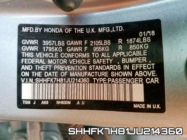 SHHFK7H81JU214360 фото 2