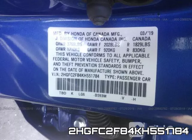 2HGFC2F84KH551784 фото 10