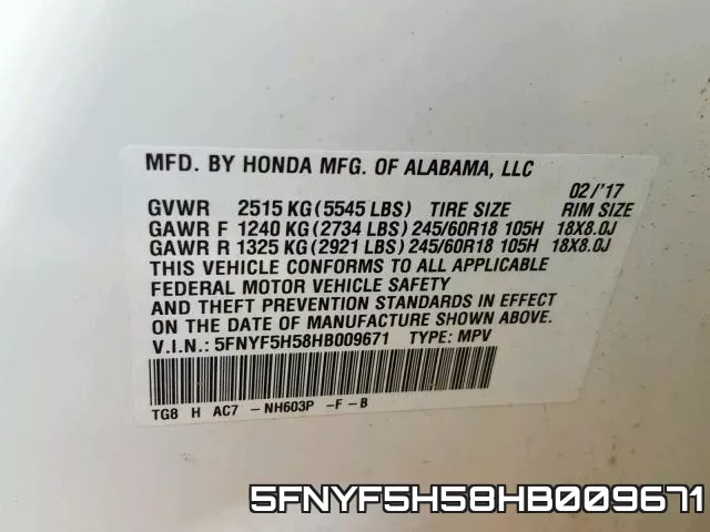 5FNYF5H58HB009671 фото 2