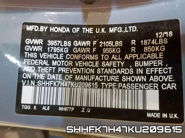 SHHFK7H47KU209615 фото 2