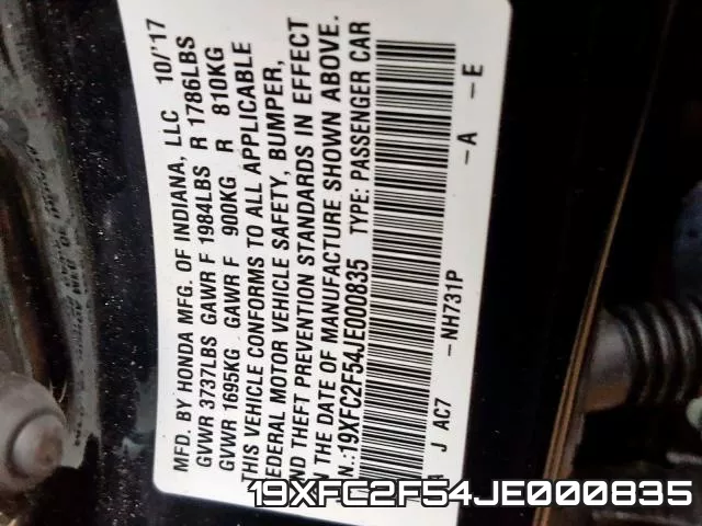 19XFC2F54JE000835 фото 2