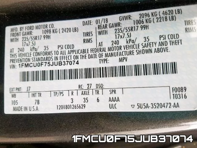 1FMCU0F75JUB37074 фото 2