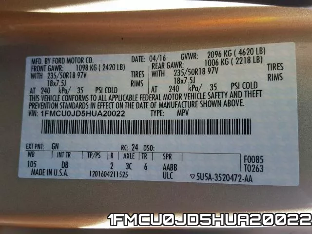 1FMCU0JD5HUA20022 фото 2