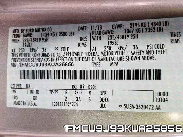 1FMCU9J93KUA25856 фото 2
