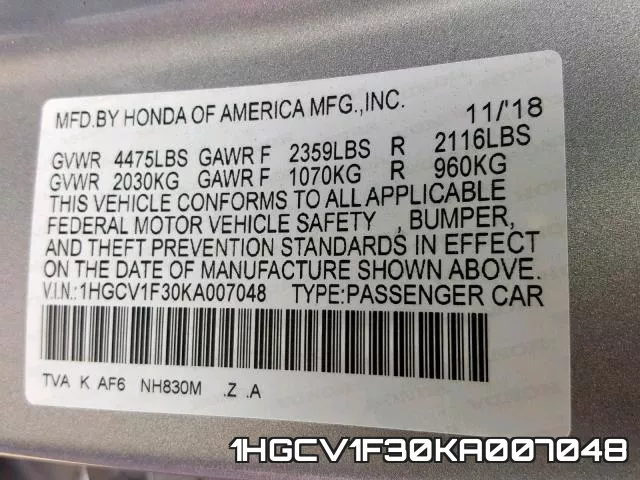 1HGCV1F30KA007048 фото 2