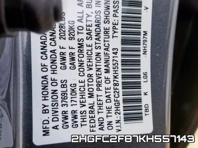 2HGFC2F87KH557143 фото 2
