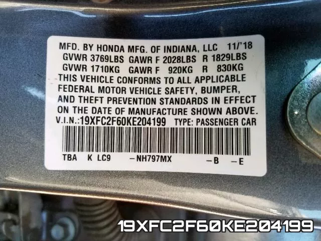 19XFC2F60KE204199 фото 2