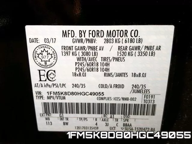 1FM5K8D80HGC49055 фото 2