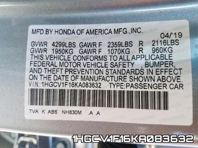1HGCV1F16KA083632 фото 2