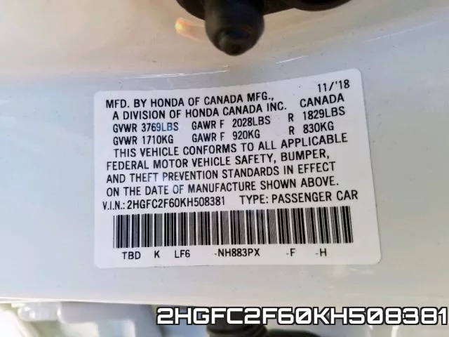 2HGFC2F60KH508381 фото 2