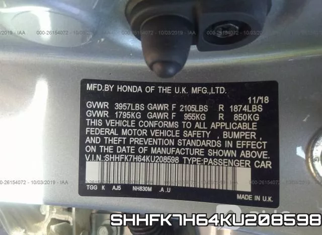 SHHFK7H64KU208598 фото 10