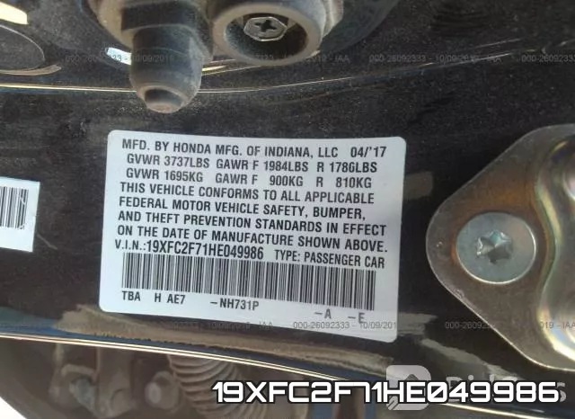19XFC2F71HE049986 фото 10