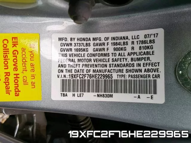 19XFC2F76HE229965 фото 2
