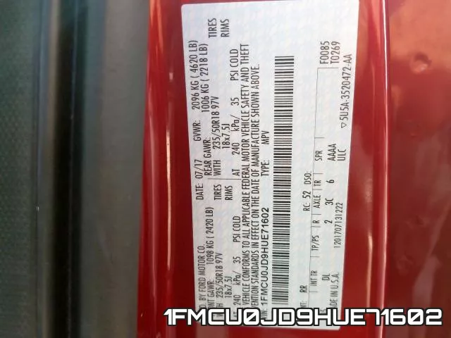 1FMCU0JD9HUE71602 фото 2