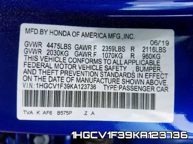 1HGCV1F39KA123736 фото 2