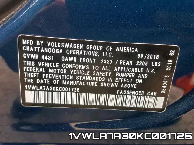 1VWLA7A30KC001725 фото 2