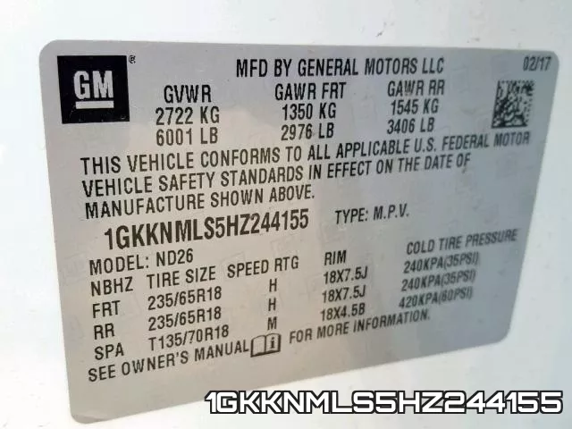 1GKKNMLS5HZ244155 фото 2