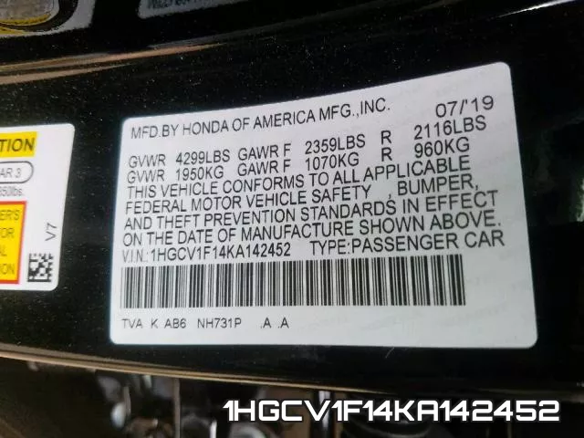1HGCV1F14KA142452 фото 2