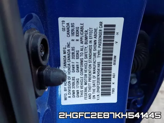 2HGFC2E87KH541445 фото 2