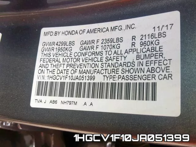 1HGCV1F10JA051399 фото 2