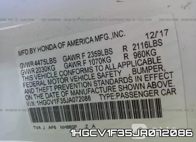 1HGCV1F35JA072086 фото 10