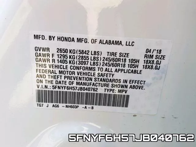 5FNYF6H57JB040762 фото 2