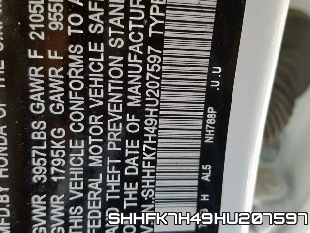 SHHFK7H49HU207597 фото 2