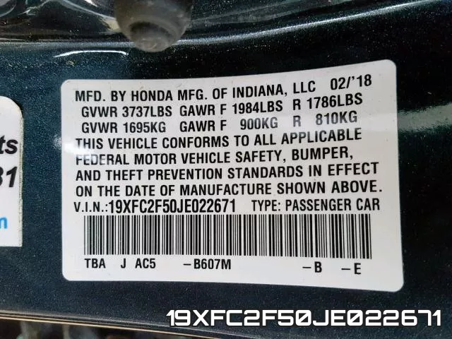 19XFC2F50JE022671 фото 2