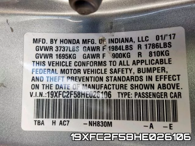 19XFC2F58HE026106 фото 2