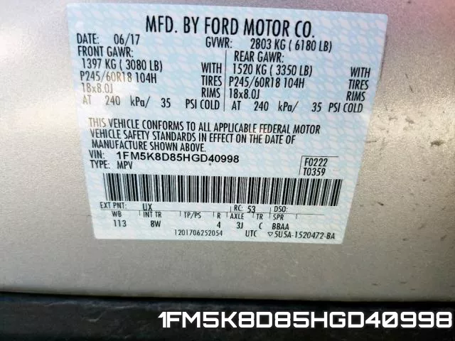 1FM5K8D85HGD40998 фото 2