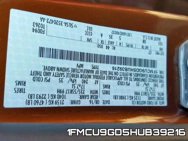 1FMCU9GD5HUB39216 фото 2