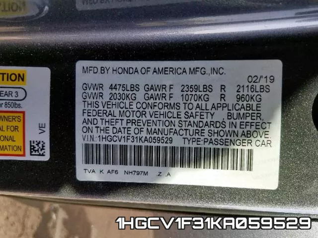 1HGCV1F31KA059529 фото 2