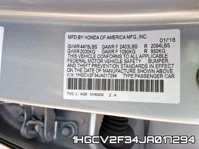 1HGCV2F34JA017294 фото 2