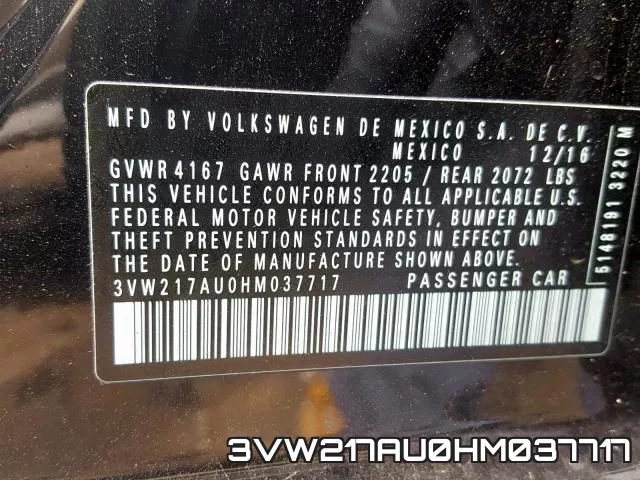 3VW217AU0HM037717 фото 2
