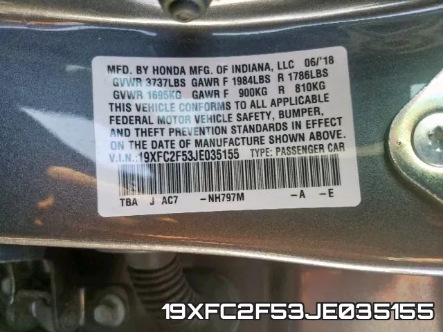 19XFC2F53JE035155 фото 2