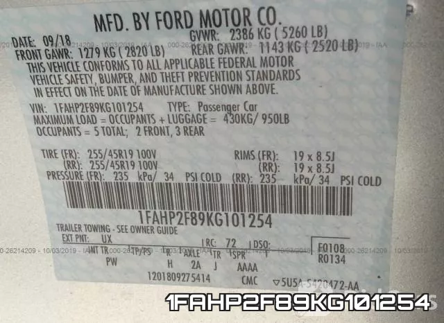1FAHP2F89KG101254 фото 10