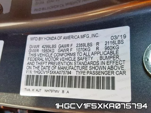 1HGCV1F5XKA075794 фото 2