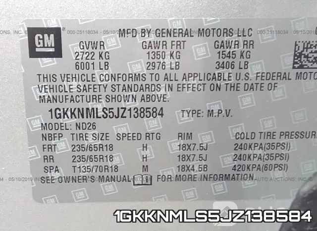1GKKNMLS5JZ138584 фото 10
