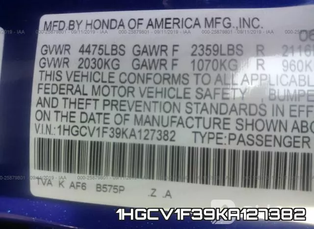 1HGCV1F39KA127382 фото 10
