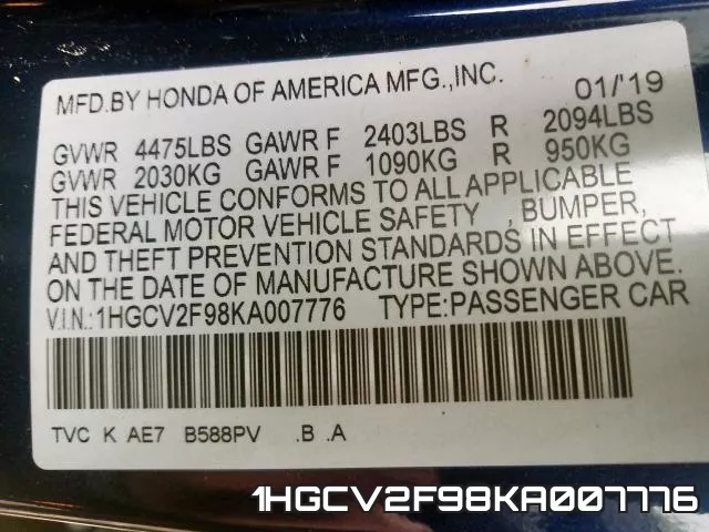 1HGCV2F98KA007776 фото 2