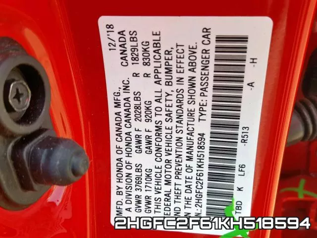 2HGFC2F61KH518594 фото 2