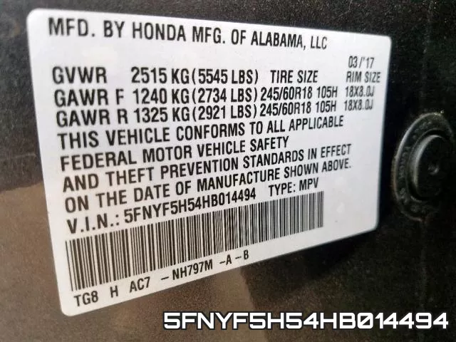5FNYF5H54HB014494 фото 2