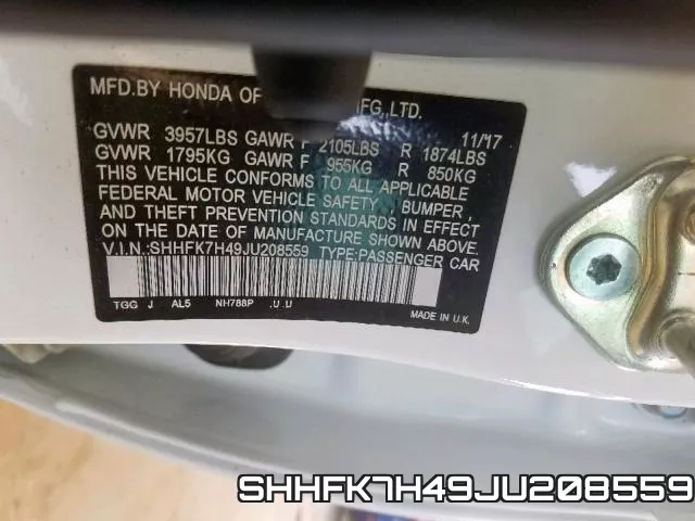 SHHFK7H49JU208559 фото 2