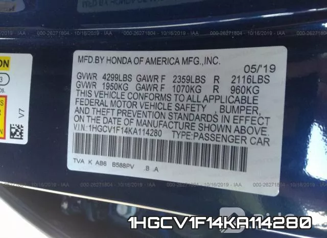 1HGCV1F14KA114280 фото 9