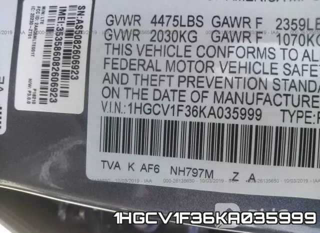 1HGCV1F36KA035999 фото 10
