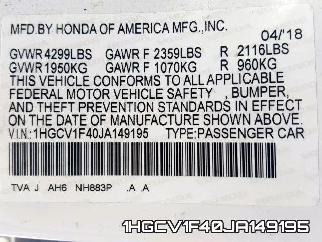 1HGCV1F40JA149195 фото 2