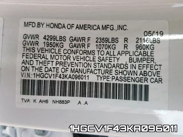 1HGCV1F43KA096011 фото 2