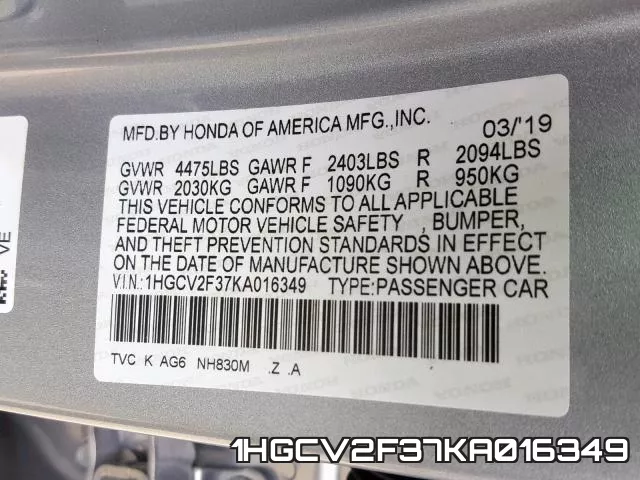 1HGCV2F37KA016349 фото 2