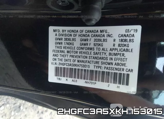 2HGFC3A5XKH753015 фото 10